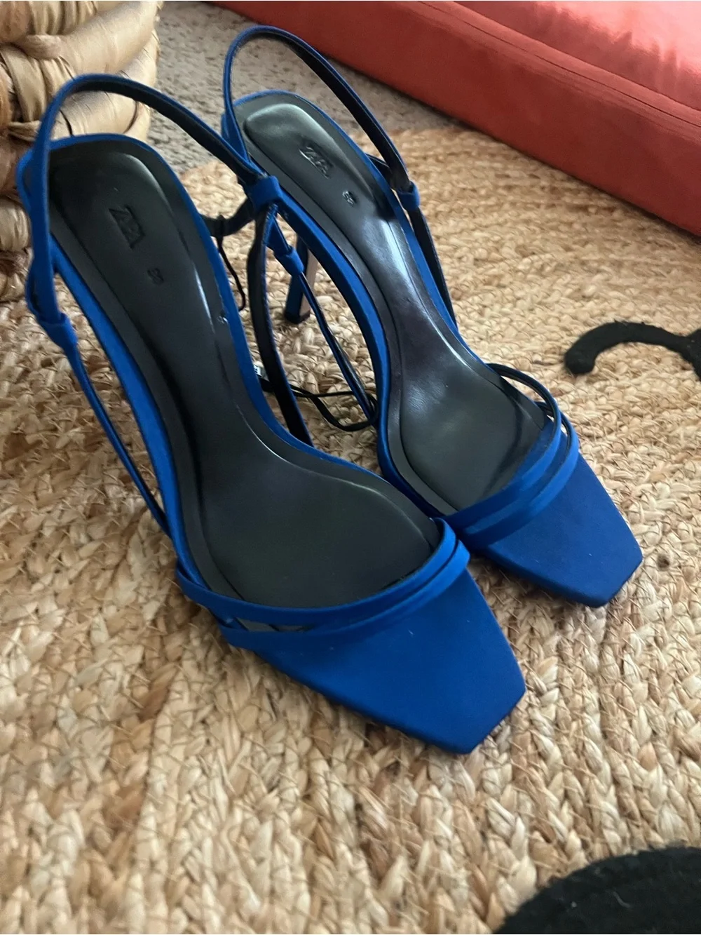 Women’s Zara Cobalt Blue Strappy Square-Toe Slingback Heels NWT size 38 or 7.5